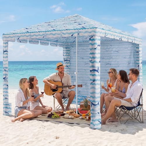 Umineux Beach Cabana - 8FT Beach Canopy with Side Wall, Easy Setup Beach Tent Sun Shelter, Waterproof Tent - Portable Shade for Whole Family (Blue Whale) - color: Blue Whale, size: 8ft
