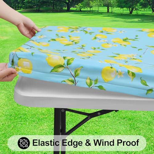 Smiry Square Table Cloth Cover, Waterproof Elastic Fitted Picnic Tablecloth, Wipeable Flannel Backed Vinyl Tablecloths for Camping, Dining, Outdoor (Blue & Yellow, 36" x 36") - color: Blue & Yellow, size: 36" x 36" (Square)