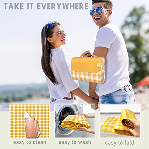 SAMSIER Outdoor Picnic Blankets Waterproof Foldable Sandproof, Large Gingham Cute Picnic Mat Washable Portable for Park Beach Camping Courtyard (Yellow, 60"×80") - color: Yellow, size: 5' x 6'8" (Rectangular)