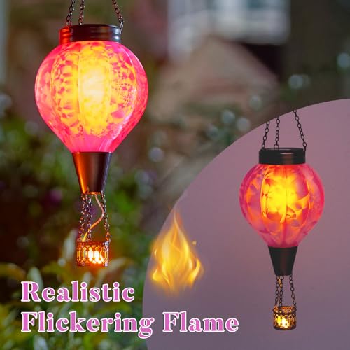 2PC Hot Air Balloon Solar Lantern with Flame, Pink Glass Balloon Lantern Lights Outdoor Waterproof, Hanging Solar Lights for Outside Garden Yard Patio Tree Porch Gift for Women Lovers Mom - color: 2PCS-Pink