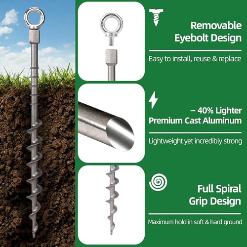 Screw in Tent Stakes 16 Pack Extra Long 14 inch, Heavy Duty Aluminum Ground Anchors with Hex Top for Cordless Drill, Detachable Hooks & T-Handle for Trampoline RV Awning Sand Soft Soil