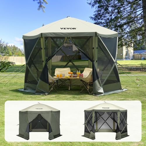 VEVOR Pop Up Gazebo Screen Tent 6 Sided Canopy Sun Shelter with 6 Removable Privacy Wind Cloths & Mesh Windows, 10x10FT Quick Set Screen Tent with Mosquito Netting, Army Green - color: Army Green, size: 10x10ft