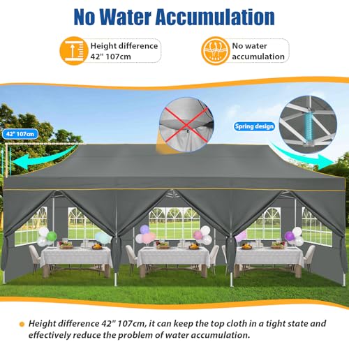 HOTEEL 10x30 Heavy Duty Pop up Canopy Tent with 8 Sidewalls, Easy Setup Outdoor Commercial Instant Tent for Parties Wedding Event, with Roller Bag & Sand Bags, Gray(Hexagonal Frame) - color: Dark Gray, size: 10x30ft (+8 Walls)