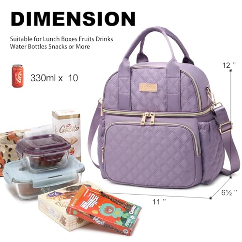 AIJIEKE Large Insulated Lunch Bag for Women, Double Compartment Leakproof Lunch Box for Work Office, Reusable Cooler Tote with Adjustable Strap & Side Pockets for Adults Picnic Beach, Purple - color: Purple