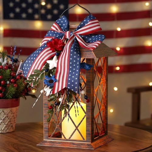 4th of July Solar Lanterns Outdoor Waterproof, Patriotic Hanging Lantern with Flickering LED Candle, 13" Independence Day Lanterns Decorations for Patio Porch Garden Yard Pathway, 1 Pack - size: Patriotic 1 Pack