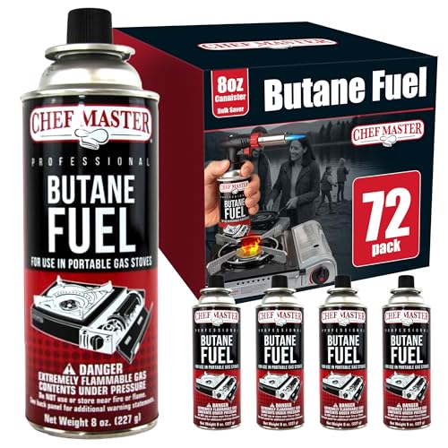 Chef Master 72x 8oz Butane Fuel Canister - Butane Torch Refill & Camp Stove Fuel - Gas Canister for Picnics, Outdoor Cooking, Grilling - Camp Stove, Torch Fuel Camping Essentials - 90340 - size: Pack of 72