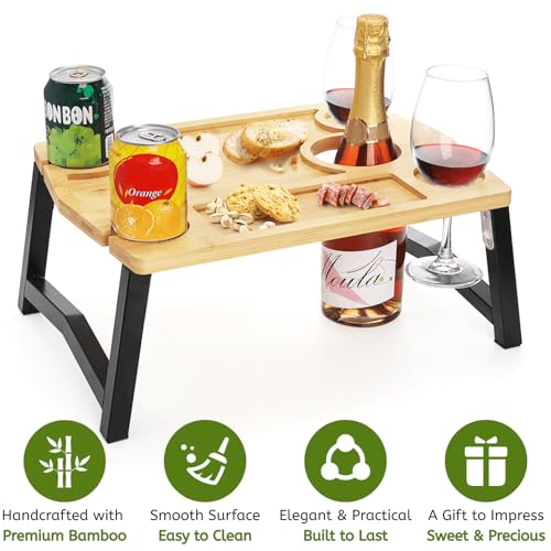 Youeon Portable Wine Picnic Table with Glass Holder, Foldable Durable Picnic Charcuterie Board, Small Wine Table Snack & Cheese Tray for Picnic, Beach, Camp, Park, Wine Lover Gift
