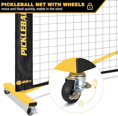 Pickleball Net with Wheels, Portable 2-in-1 Pickle Ball Net with Ball Collector,22FT Regulation Size & 11FT Half Court Size, Carry Bag, Steady Metal Frame for Outdoor Indoor Driveway - color: Black&Yellow