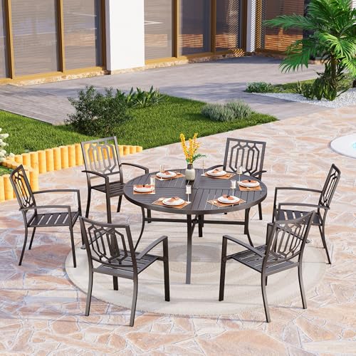 PHI VILLA 7 Pieces Outdoor Round Dining Set for 6, Wrought Iron Dining Circular Table with Umbrella Hole & Stackable Metal Steel Chairs, Large Dining Furniture Set for Patio, Deck, Yard, Porch - color: Hexagon Back Chair, size: 7pcs-54" Round Table