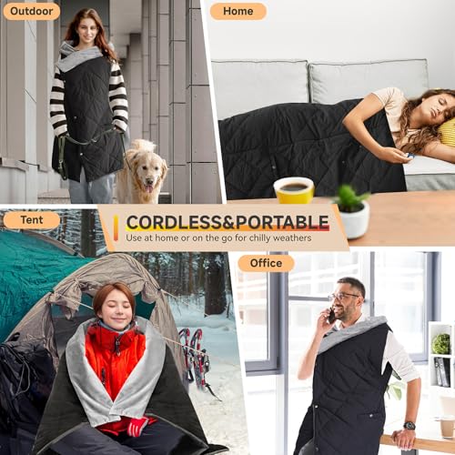 Outdoor Heated Blanket with 10000mAh Power Bank, Battery Operated Cordless Electric Heating Throw with 3 Heat Settings, Fast Heating Wearable USB Throw for Camping, Travel, Office & Home Use Black - color: Inky Black