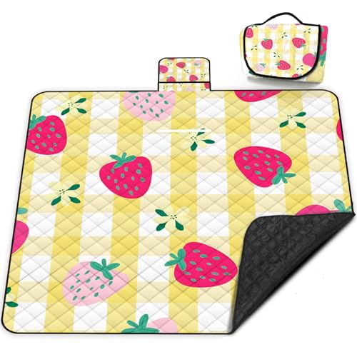 Extra Large Picnic Blanket Waterproof,80"x 80"Foldable Machine Washable Beach Blanket,Outdoor Blanket for 6-8 Adults,Picnic Mat Suitable for Indoor Crawling,Park Beach,Camping,Hiking,Travel（Yellow） - color: Yellow Strawberry, size: 6'8" x 6'8" (Square)