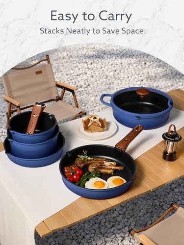 CAROTE 20Pcs Titanium Cookware Set, Pots and Pans Set Non Stick, Kitchen Cooking Set with Detachable Handle, Non Toxic Induction Cookware - Camping Cookware, Dishwasher/Oven Safe, Blue - color: Gradient Blue