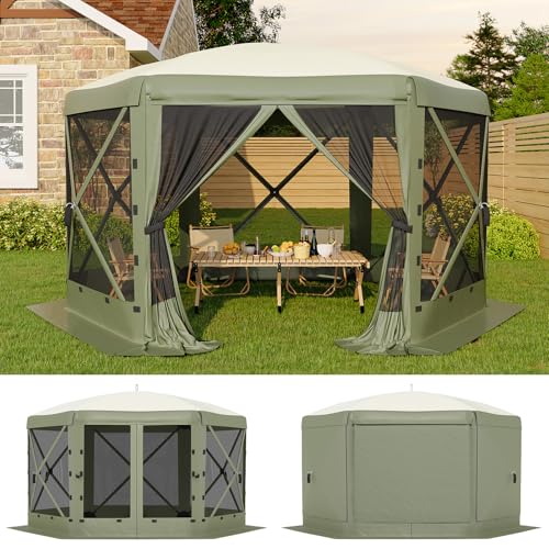 GarveeLife 11.5x11.5FT 6-Sided Pop Up Gazebo Tent，One-Push Setup Canopy Tent with Mesh Panels & Removable Wind Cloths, Outdoor shelter for Camping, Backyard Parties, Outdoor Events - Army Green - color: Army Green, size: Traditional Top - 11.5ft