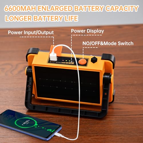 Rechargeable Flood Light - 10000LM LED Portable Work Light with Stand, 6600MAh Job Site Flashlight Spotlight for Car Repair,Camping, Emergency - Solar Hand Held Lamp IP66 Waterproof 4 Modes - Yellow
