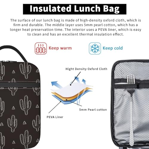 Black Cactus Fun Western Insulated Lunch Bag Portable Reusable Zipper Lunch Box For Men Women Work Picnic Travel Camping - color: Black36