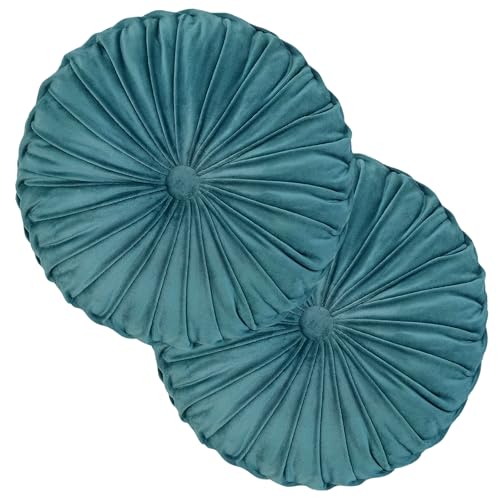 Teieas 2 Pcs Round Throw Pillows Decorative Pumpkin Velvet Boho Pleated Bed Pillows Back Support for Couch Chair Dorm Car 14.96'' (Lake Blue) - color: Lake Blue