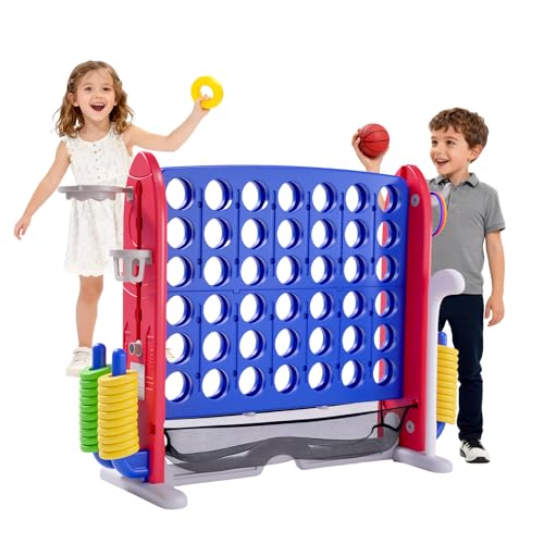 Jumbo 4 in a Row Game, Height Adjustable(2.7-3.2 ft) Outdoor Indoor Connect 4 w/Quick Release, Giant Connect Four with Basketball Hoop, Ring Toss & Net, Backyard Party Game for Adults Kids