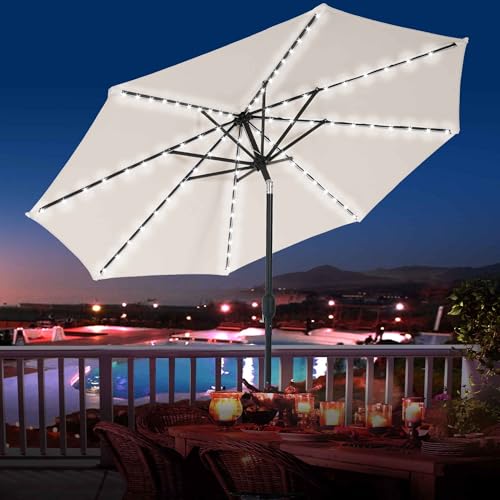 Sundale Outdoor Olefin 5-Year-Non-Fading Solar 80 LED 9 FT Solar Patio Umbrella with Sand Bag Base, Outdoor Umbrella with Tilt and Crank, Beige - color: Beige, size: 9FT