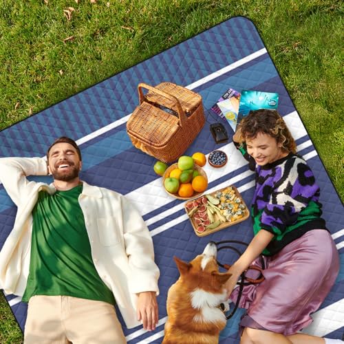 Waterproof Picnic Outdoor Blanket, 79" x 59" Sandproof Foldable Large Picnic Blanket for Beach, Camping, Park, Travel, Concert, Great Gift for Families and Couples (Blue Striped) - color: Blue Horizontal Striped