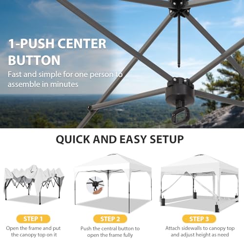 8x8 FT 1-Button Push Pop Up Canopy with 4 Clear PVC Sidewalls, Sandbags, Instant Canopy Tent for Outdoor Events - color: White, size: 8x8 with PVC Sidewalls