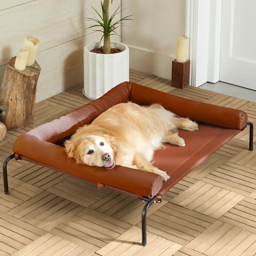 RRPETHOME Large Elevated Cooling Dog Bed,Raised Cots Beds,Outdoor Dog Bed,Chew Proof Portable Cooling Pet Cot Skid-Resistant Feet,Frame with Breathable Mesh - color: light caramel, size: 36.0"L x 26.0"W x 8.0"Th