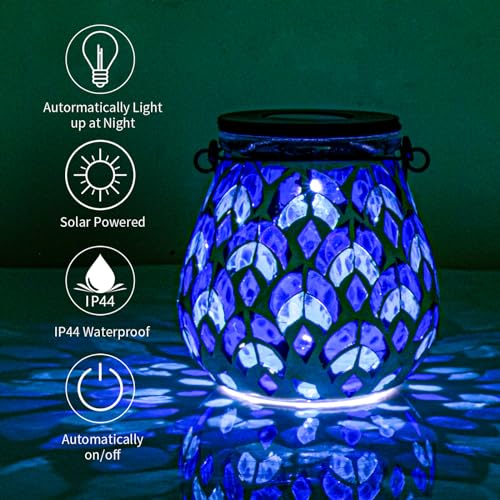 Afirst Mosaic Solar Lanterns - Glass Hanging Lights Hollow Out Waterproof Outdoor Decorative for Garden, Patio, Holiday Party Outdoor Decoration, 1 Pack - style: Blue