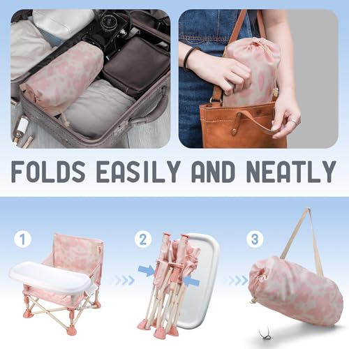 Tiny Marvels 3-in-1 Portable Baby Chair, Foldable Booster Seat with Removable Tray, Safety Harness & Carry Bag for Dining, Travel, Camping, Beach, 6M-3Y (Blush Bloom) - color: Blush Bloom