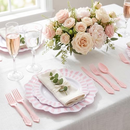 COLOSUS 150pcs Disposable Pink and White Stripped Plastic Plates and Silverware set, Light Pink Dinner/Dessert Plates silverware serve 30guests for Easter Day, Wedding Party and Daily use. - color: White+Pink