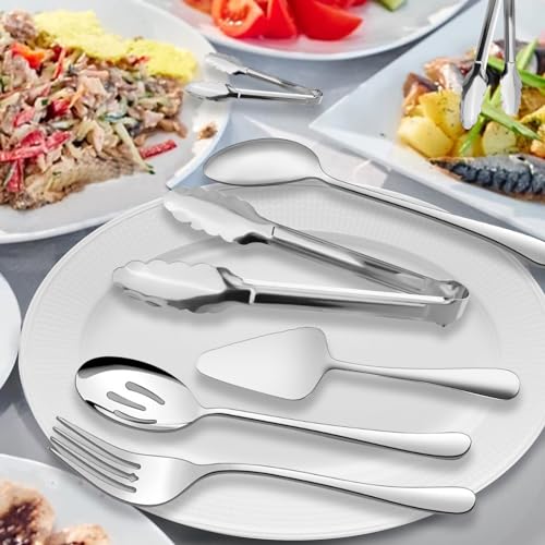 Serving Utensils, XEVOM 6-Piece Stainless Steel Serving Utensil Set Include Serving Spoon, Slotted Serving Spoon, Serving Fork,Serving Tong, Appetizers Tong,Pie Server (Silver), Regular - color: Silver