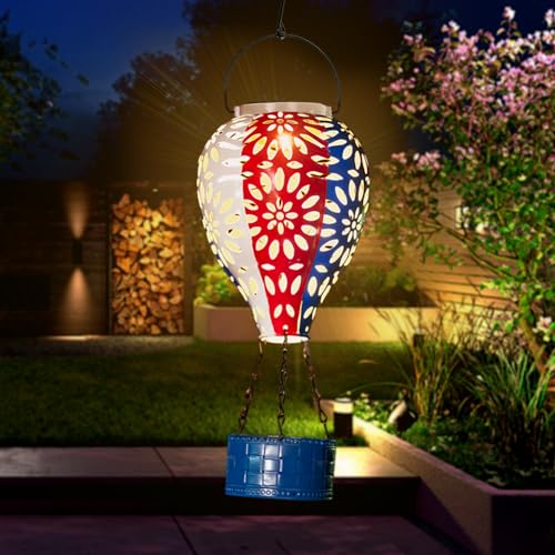 Solar Hot Air Balloon Lantern,Hanging Lantern Outdoor Waterproof Decorative Metal LED Solar Lights for Trees Patio Garden Yard Porch Decor, Flag - style: Flag