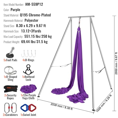 VEVOR Yoga Stand Frame, Max 441-551 lbs Load Swing Stand, Triangular Structure Aerial Rig, Aerial Silk Stands with Yoga Hammock, Standard & Height-Adjustable Version - color: Purple, style: Standard Version