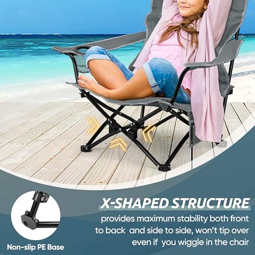 HaSteeL Folding Beach Chair Set of 2, Foldable Grey Camping Chairs for Outside, Low Beach Chair Portable for Adults Fishing, Picnic, Outdoor BBQ, Travel, Sports, Cup Holder & Storage Bag - color: Grey Chairs