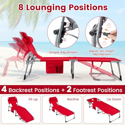COSTWAY Tanning Chair with Face Hole, Folding Beach Lounge Chair with 4-Position Adjustable Backrest, Pillow & Side Pocket, Foldable Chaise Lounge Chair Outdoor for Sunbathing, Camping (1, Red) - color: Red