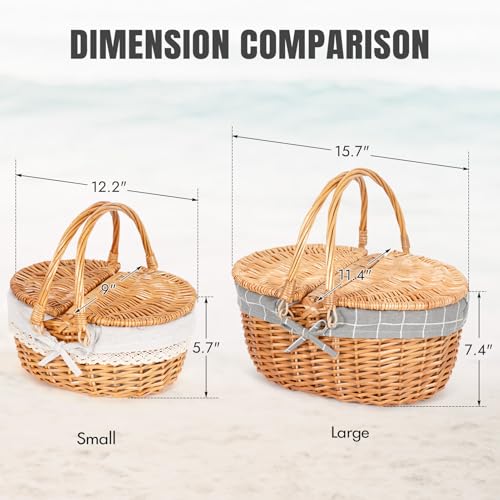Happypicnic Wicker Picnic Basket with Handle, 15" Large Empty Picnic Basket with Lid & Removable Liner, Vintage Hand Woven Basket for Picnics, Camping, Veg Picking, Mother's Day, Thanksgiving (Check) - color: Grey Check, size: Large