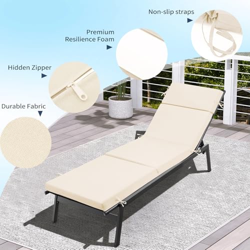 Outdoor Chaise Lounge Cushion 72" x 21" x 3", 4-Section Folding Patio Lounge Chair Cushion with Ties, Waterproof & Fade Resistant Replacement Cushion for Pool, Patio, Deck (Beige, 1 Pcs) - color: Beige, size: 1 Pcs