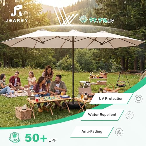 JEAREY 15ft Large Patio Umbrella with Base, Outdoor Rectangle Umbrella Double-Sided Market Umbrella with Stand for Pool, Deck, Backyard and Garden, Beige - color: Beige