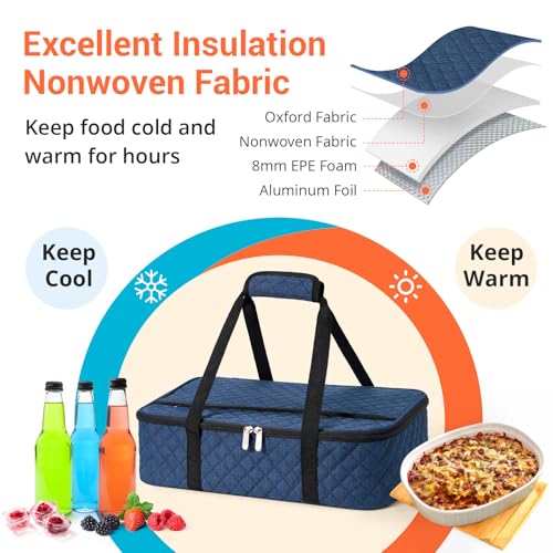 Insulated Casserole Carrier Portable Food Tote for Hot or Cold – Fits 9"x13" Baking Dish, Lasagna Holder for Parties, Picnic, Travel, Beach - Navy Blue - color: Navy Blue