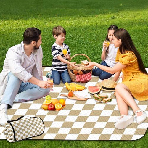 Waterproof Picnic Outdoor Blanket, 79" x 59" Sandproof Foldable Large Picnic Blanket for Beach, Camping, Park, Travel, Concert, Great Gift for Families and Couples (Beige Checkered) - color: Beige Checked