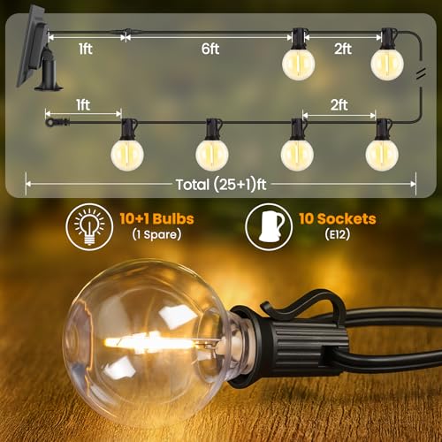 Mlambert 25FT Solar Powered String Lights Outdoor, Waterproof Solar Patio Light String with 10+1 Shatterproof LED G40 Bulbs for Backyard Garden-Black - color: Black
