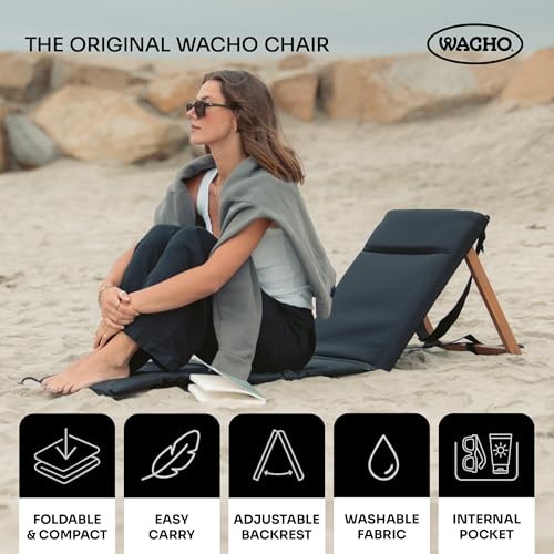 Wacho Outdoor Folding Beach Chair – Ultralight Reclining with Adjustable Wooden Backrest, Foam Padding & Water-Resistant Recycled Fabric – Portable Lounge Chair for Beach, Camping, Picnic – Black - color: Black