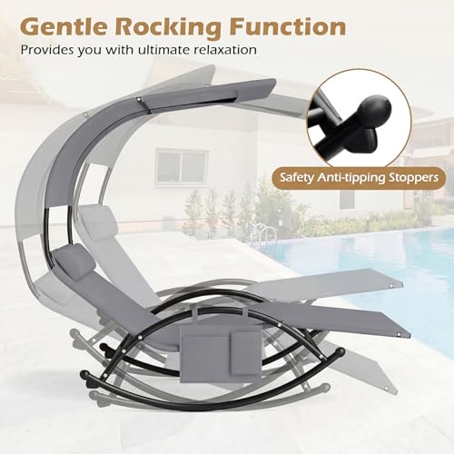 HAPPYGRILL Outdoor Chaise Lounge Rocker, 2-Person Rocking Daybed Sun Lounger with Sun Shade Canopy & Headrest Pillows, Hammock Bed Loveseat with Heavy-Duty Metal Frame for Patio, Backyard, Poolside