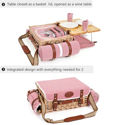 Multifunctional Wicker Picnic Basket Set for 2 with Blanket and Picnic Table, Insulated Picnic Set with Full Tablewares for Camping Outdoor Couples, Gingham - color: Gingham With Blanket &Table for 2