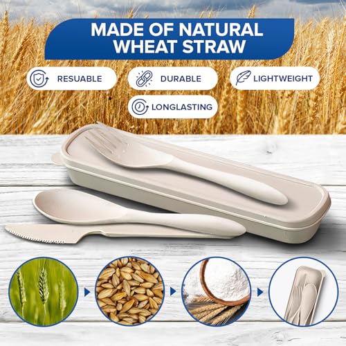4 Sets Wheat Straw Travel Silverware with Case - Reusable Utensils Set with Case Forks and Spoons Silverware Set Lunch Box Accessories - Fork and Spoon Set Plastic Dinnerware Camping Tableware Set