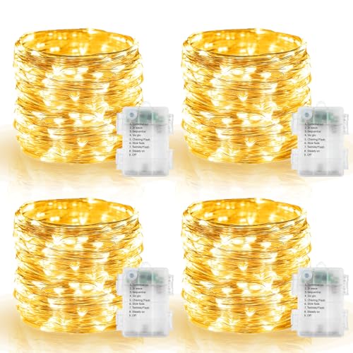 4 Pack Battery Operated Fairy Lights 16.4 Ft 50 LED Christmas Fairy Lights with Auto Timer 8 Modes, Waterproof Silver Wire Battery Twinkle Lights for Wedding Christmas Decor (Warm White) - color: Warm White-Silver Wire