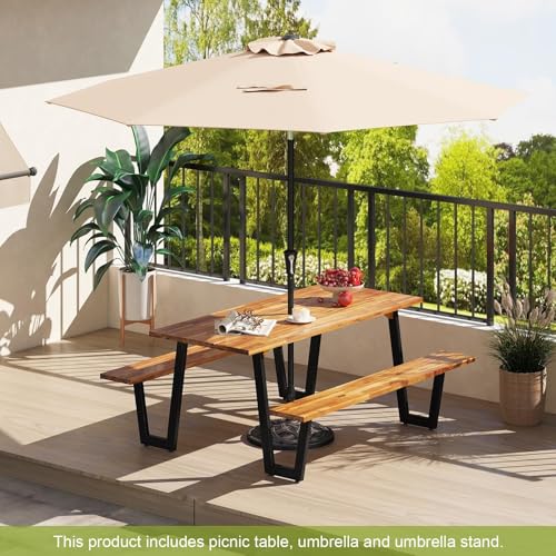S AFSTAR 70" Acacia Wood Outdoor Picnic Table Set with 10Ft Umbrella & Base, Heavy Duty Wooden Outside Dining Table Set with Bench, All-Weather Patio Dining Set for 6, Garden, Backyard - size: Large