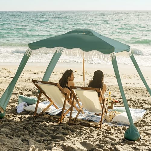 AMMSUN Beach Cabana with Fringe, 7' x 7' Boho Beach Canopy with Tassels, Easy Set up & Premium Wood Pole, Cabana Tent with Sand Pockets, Instant Sun Shade for Sand, Garden, Patio, Mint Green - color: Mint Green