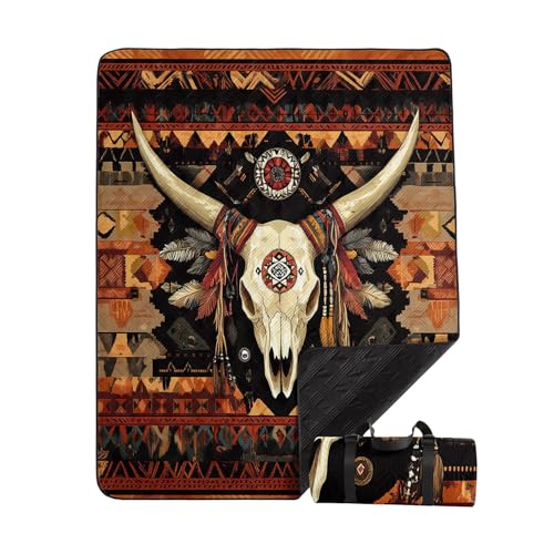 Outdoor Picnic Blanket Portable Ultrasonic Waterproof Picnic Bull Skull Printed Camping Beach Mat for Sand and Wet Grass Hiking (Bull Skull S - color: Bull Skull, size: Standard - 59"x78"