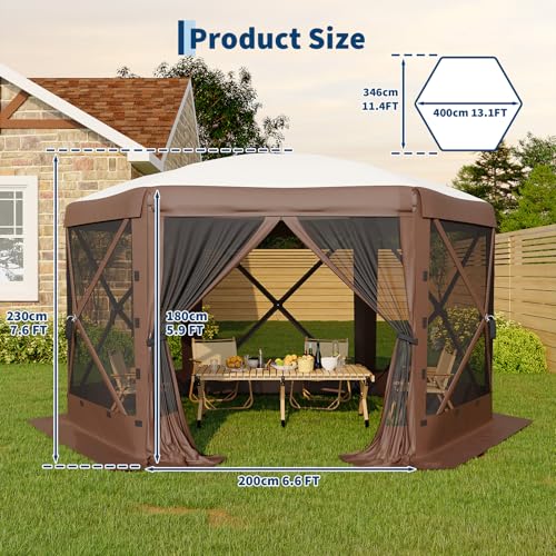 GarveeLife 13x13FT 6-Sided Pop Up Canopy Tent，One-Push Setup Canopy Tent with Removable Canopy Top & Wind Cloths, Outdoor shelter for Camping, Backyard Parties, Outdoor Events - Beige & Khaki - color: Beige & Khaki, size: Traditional Top - 13ft