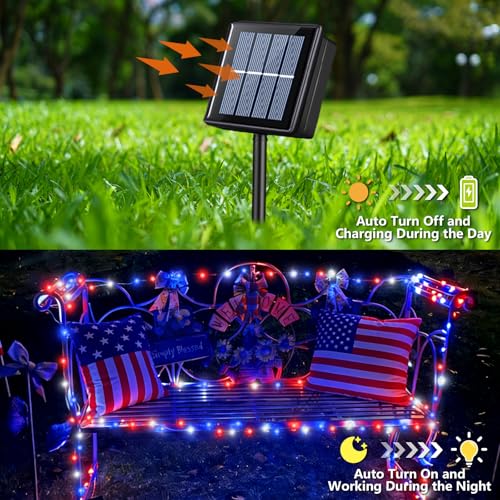 YEGUO 4 Pack Red White and Blue Solar Lights, Each 33ft 100 LED 4th of July Solar Fairy Lights Outdoor Waterproof, 8 Modes Sliver Wire Patriotic String Lights for Independence Memorial Day Decoration - color: Red White and Blue