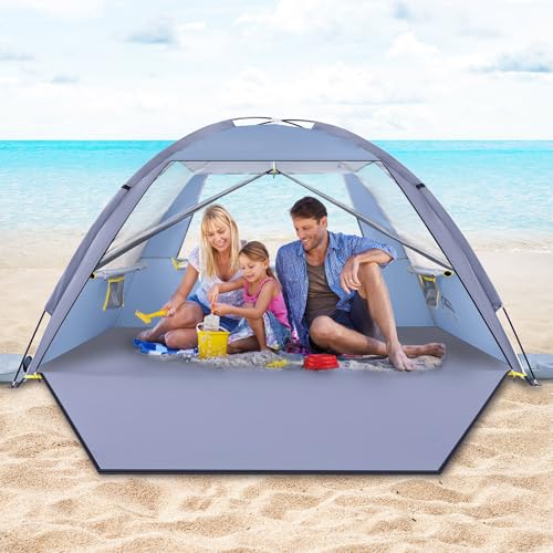 Happy Travel Beach Tent Sun Shelter for 3/4/5/6/7/8 Person, Portable UPF 50+ UV Protection Beach Shade Canopy for Family & Baby, Lightweight & Easy Setup Beach Cabana with 3 Ventilation Mesh Windows - color: Airy Blue, size: 3 Person